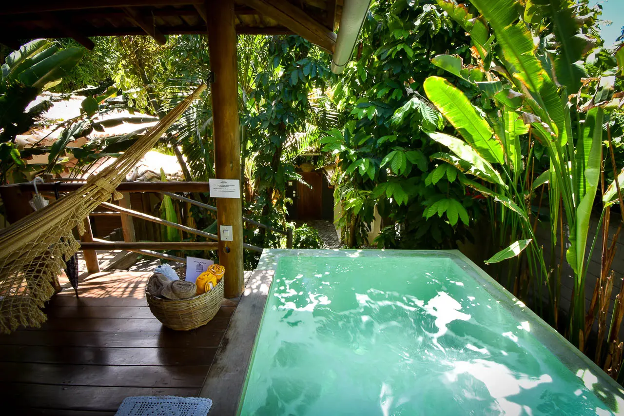 Piscina com hidromassagem, deck de madeira e plantas